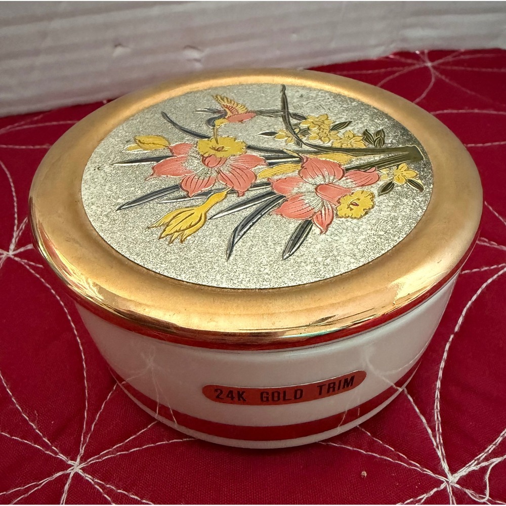 Himark‎ Art of Chokin Trinket Box 24K Gold Trim Hummingbird Floral Japan Vintage